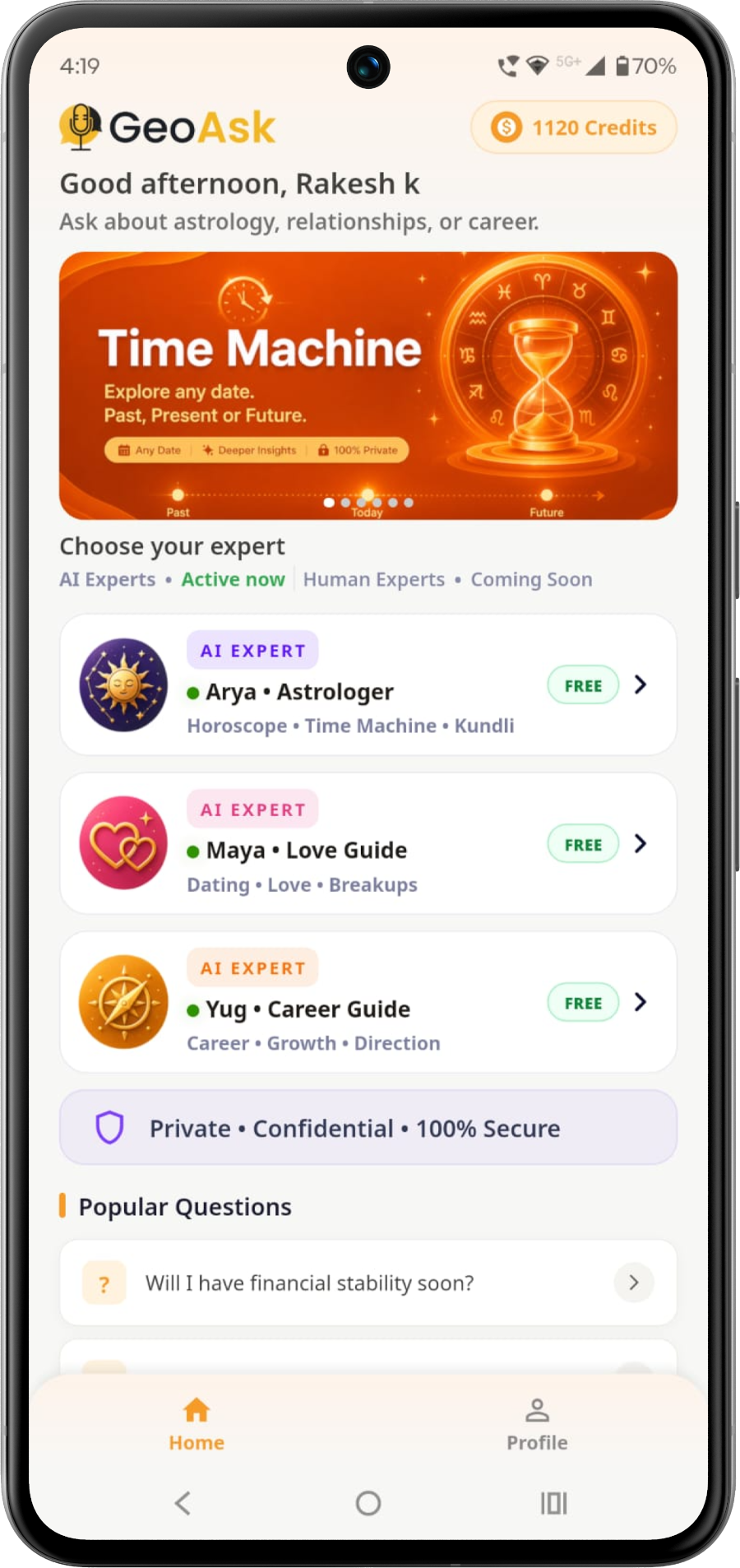 GeoAsk home screen with Time Machine and AI experts