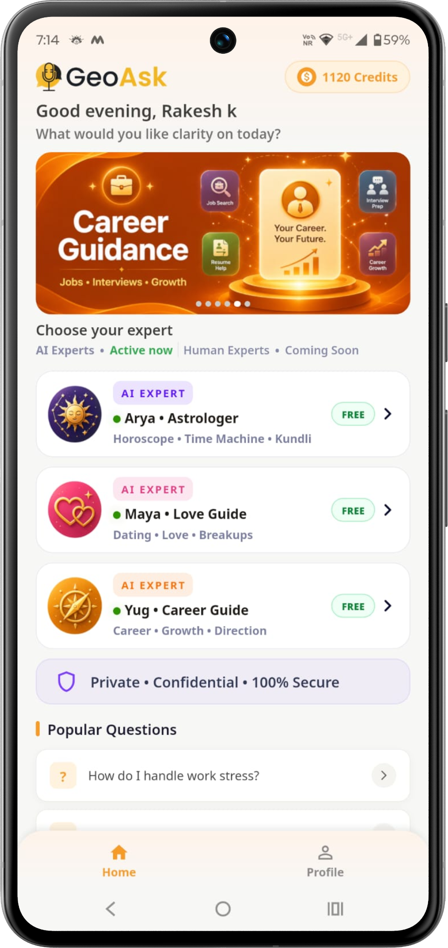 GeoAsk career guidance home screen