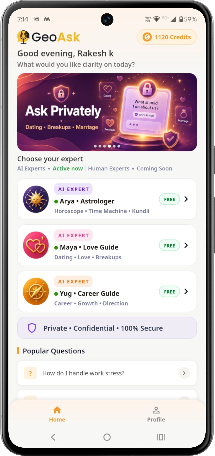 GeoAsk private guidance home screen