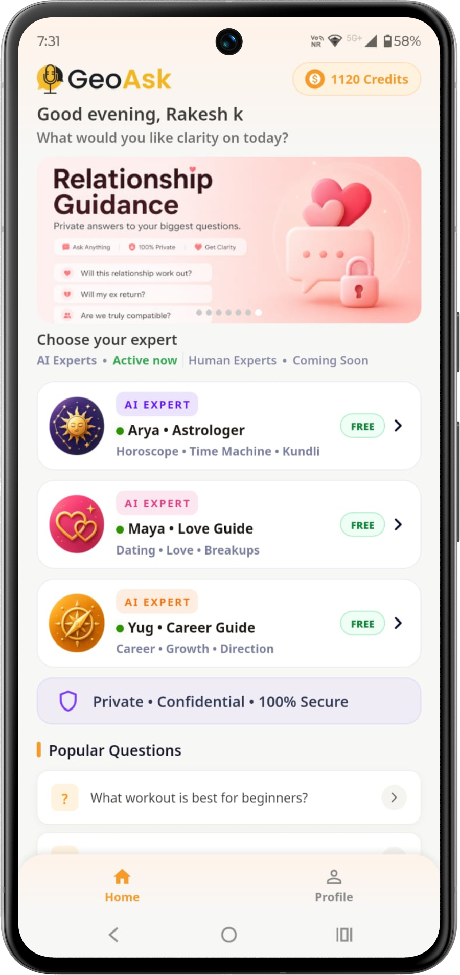 GeoAsk relationship guidance home screen